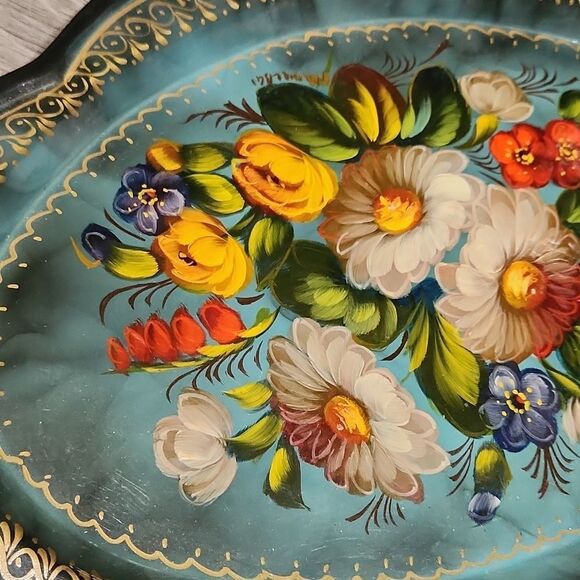 Heavy PAINTED Bright Floral Perfume/Jewelry Accessory Decoration Scalloped Tray - Picture 2 of 4